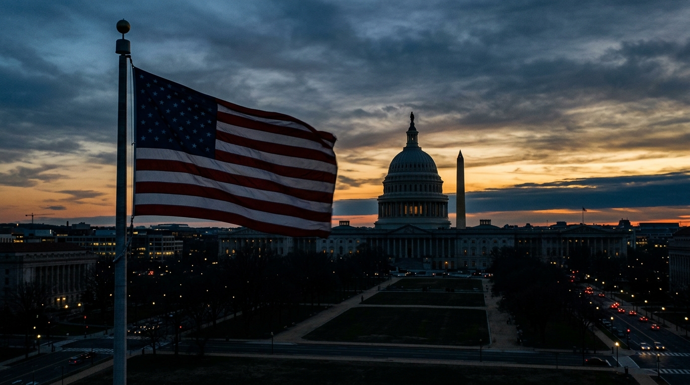 Washington DC skyline at dusk with the Capitol and Washington Monument and an American flag