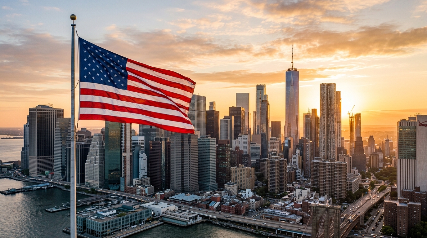 American flag waving over a downtown financial district skyline at sunrise