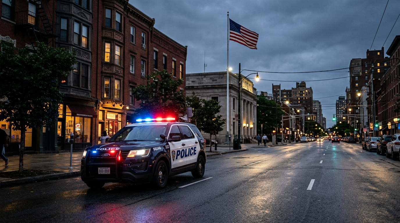 A police patrol car with emergency lights on a city street at dusk with an American flag in the background