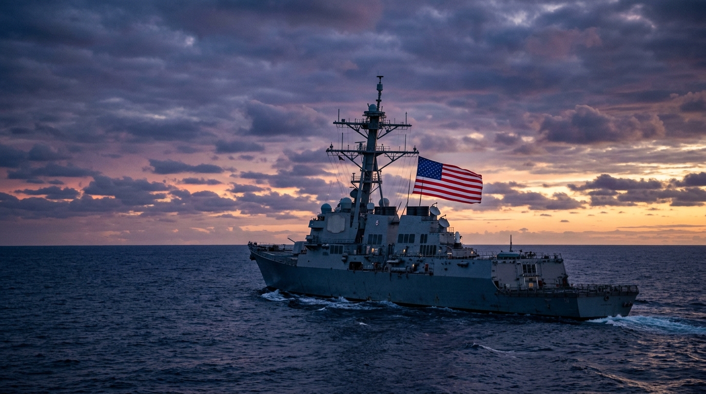 A United States Navy destroyer at sea at dawn with an American flag flying
