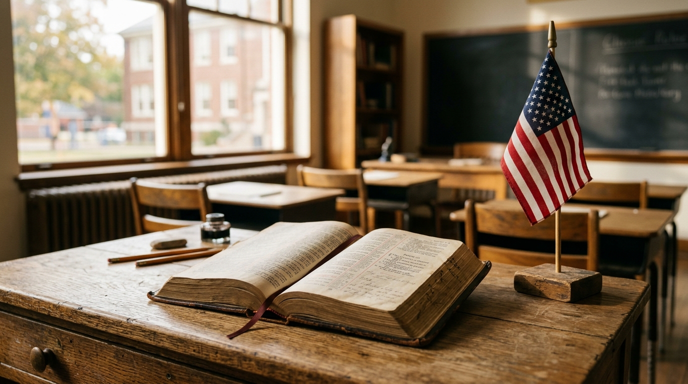 An open Bible next to a small American flag on a desk in a sunlit classroom